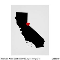 a black and white poster with a red heart in the shape of california on it