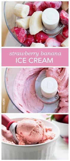 strawberry banana ice cream in a blender with text overlay that says strawberry banana ice cream