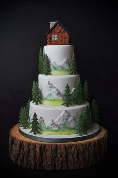 a three tiered cake is decorated with trees and mountains on the side, along with a house