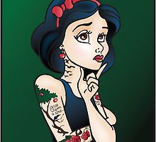 a drawing of a woman with tattoos on her arm and hand near her face, looking off to the side