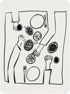 a black and white drawing of people eating at a table