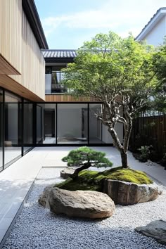 an outdoor area with rocks and trees in the middle, surrounded by glass doors on both sides