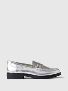 These loafers are made with a vegan leather upper.  Rubber gripper sole.  For more fit and sizing info, check out our Size Guide. Luxury Silver Loafers For Formal Events, Cheap Trendy Flat Loafers, Silver Loafers Outfit, Loafer Outfits Women, Loafers Outfit Women, Loafer Outfits, Womens Silver Shoes, Silver Loafers, Grey Loafers