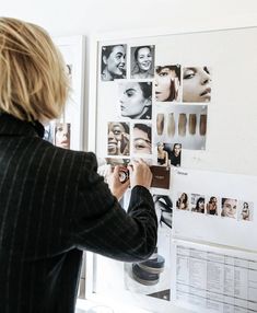 a woman is taking pictures of her hair and makeup products on a white board with multiple photos