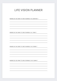 Life Vision Planner, the perfect tool to help you create a clear and inspiring vision for your life! With this product, you'll receive a beautifully designed Life Vision worksheet that will guide you through the process of identifying your goals, values, and priorities, and help you create a vision for your future that is aligned with your deepest desires. Whether you're feeling stuck, unsure of your direction, or simply looking for a way to clarify your aspirations and take meaningful steps towards your dreams, this Life Vision worksheet is the perfect tool for you. As you work through the worksheet, you'll be prompted to reflect on key areas of your life, such as your career, relationships, health, and personal growth, and to think deeply about what you truly want in each of these areas. Life Plan Worksheet, Life Vision Worksheet, 3 Goals In Life, Life Planning Journal, My Future Plans Life, Dream Life Template, Planning My Future Life, Creating A Planner, Too Busy Creating My Dream Life