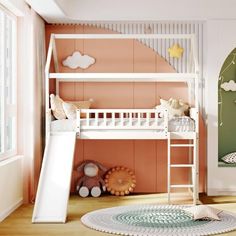 a child's bedroom with a bunk bed and slide