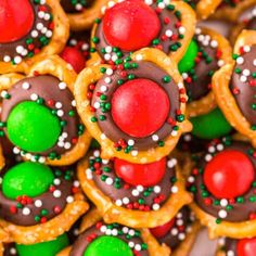 a close up view of christmas cookies and pretzels