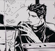 a black and white drawing of a man sitting in front of a computer desk holding a microphone