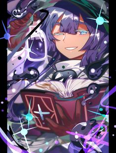 an anime character with purple hair and glasses holding a book