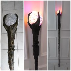 three different views of the same object, one with a light on it and another with a stick