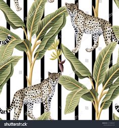 seamless pattern with cheetah and leopards on the background of green leaves