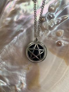 "Pentacle Crystal Necklace There is a clip on the side, it can be opened and closed, the stone inside can be removed. If you can find the same size stone, you can change it Opalite is a manmade stone and the others are natural chain length is 45cm and the pentacle circle is approximately 1inch ♡ USE THE CODE \"FREESHIPPING\" FOR ORDERS OVER 99$ ♡" Gothic Sterling Silver Necklace, Star-shaped Metal Necklace As Gift, Star-shaped Metal Necklaces As Gift, Star-shaped Metal Necklaces For Gifts, Star-shaped Metal Necklace Gift, Star-shaped Stainless Steel Jewelry With Adjustable Chain, Stainless Steel Star Jewelry With Adjustable Chain, Silver Star Of David Jewelry With Charms, Sterling Silver Star Clavicle Chain