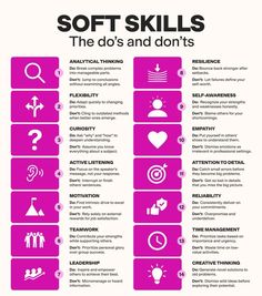 a pink poster with the words soft skills and don't's on it