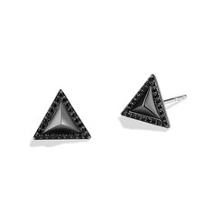 Dark Armor women's pyramid stud earrings, made in silver with black rhodium and black diamonds. Inspired by Darth Vader™, the enforcer of the Galactic Empire. Allow yourself to be seduced by the dark side, with the sleek black diamond framed triangle stud earrings. Designed to evoke Lord Vader's powerful armor. Triangle Stud Earrings, Dark Jewelry, Triangle Earrings Stud, Diamond Frame, Triangle Studs, Galactic Empire, Black Diamonds, Infiniti Logo, Black Rhodium