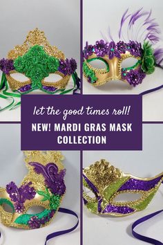 the mardi gras mask collection includes purple, green and gold masquerades