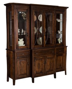 a wooden china cabinet with glass doors and drawers on the front, in dark wood