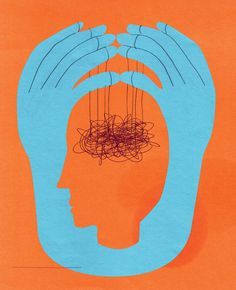 an orange and blue paper with a drawing of a person's head