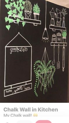 the chalkboard is decorated with green plants