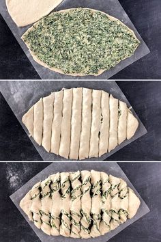 four different stages of making pizza dough with spinach and cheese on top, from left to right