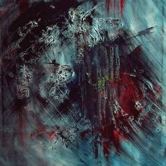 an abstract painting with blue, red and black colors on it's surface is featured in this image