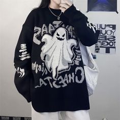 FREE SHIPPING!!!  Material: Polyester;  Origin: Made in China Knitted Top Outfit, Goth Tops, Ghost Sweater, Dark Ghost, Stile Casual Chic, Estilo Harajuku, Korean Top, Goth Vintage, Jumper Outfit