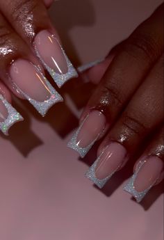 New Years Square Acrylic Nails, Glitter French Tip With Rhinestones, Glitter French Tip Nails Coffin, Glittery Nail Tips, Nails With Glitter French Tip, Semi Formal Nails Acrylic, Silver Square French Tip Nails, Almond Color Nails, French Glitter Tip Nails