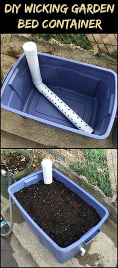 two pictures showing how to make a diy wicking garden bed container for your yard