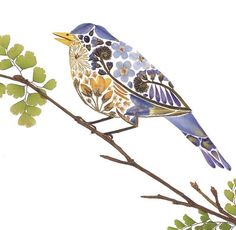 a blue bird sitting on top of a tree branch next to green leaves and flowers