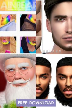 an animated man with different facial expressions and beards for the simse game, rainbow beanie