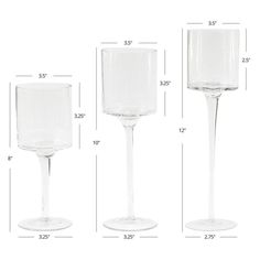 three wine goblets are shown with measurements for each one in the image,