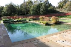 an empty swimming pool surrounded by grass and trees