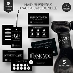 the hair business package is displayed with black and white cards, tags, and stickers