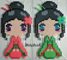 two cross stitched pictures of the same character