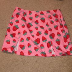 Pink Strawberry Skirt! Super Cute And Fun! Never Worn! Pink Fitted Bottoms With Strawberry Print, Fitted Pink Bottoms With Strawberry Print, Cute Strawberry Print Bottoms For Spring, Pink Strawberry Print Bottoms For Summer, Casual Pink Bottoms With Strawberry Print, Casual Strawberry Print Bottoms, Strawberry Skirt, Outfits Fresas, Zebra Print Mini Skirt