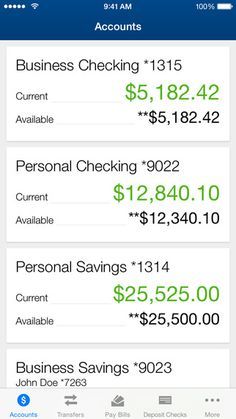 an iphone screen showing the account details for business and personal savings, as well as other items