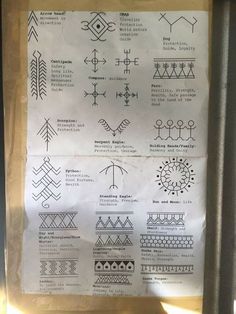 a sheet of paper with different types of symbols on it and some type of writing in the middle