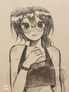 a pencil drawing of a girl with glasses and a hand on her chest, looking to the side