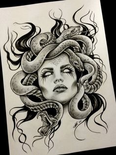 a drawing of a woman with snakes on her head