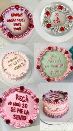 there are many different cakes that have writing on the frosting and icing designs