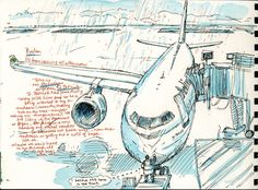 a drawing of an airplane on the tarmac with rain coming down and writing below it