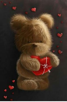 a brown teddy bear holding a red heart in its paws and surrounded by small hearts