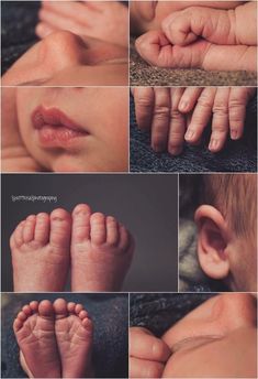 multiple pictures of baby's feet and hands with their fingers on the top one