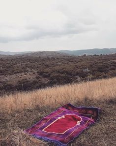 a purple blanket laying on top of a dry grass field