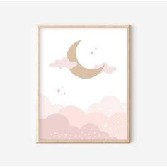 a pink and white poster with the moon in the sky above clouds, stars and clouds