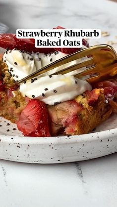 strawberry rhubarb baked oats on a plate with a fork