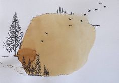 a drawing of birds flying over a cliff