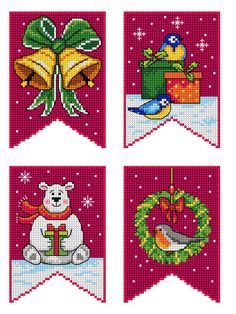 four cross stitch christmas banners with animals and presents