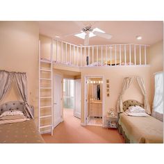 two beds in a room with pink carpeting and white railings on the ceiling