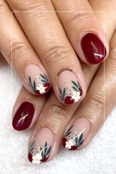 Fall Floral Nails Fall Flowers Nail Art, Burgundy Floral Nails, Natural Square Nail Designs, Poinsettia Nail Art, Simple September Nails, Fall Boho Nails, Autumn Floral Nails, Fall Floral Nail Designs, Neutral Gel Nail Designs