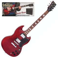 a red electric guitar with an advertisement on it